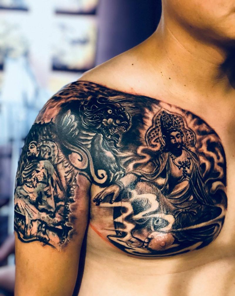 大臂遮盖，文殊菩萨半甲纹身图片