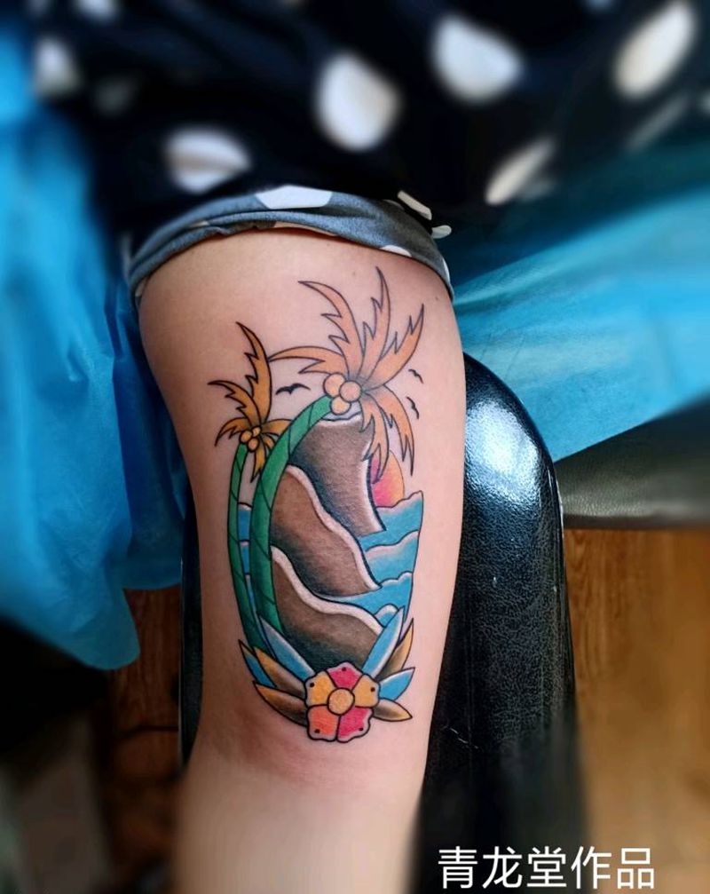 椰子纹身图片_手臂手部水彩水墨纹身图案