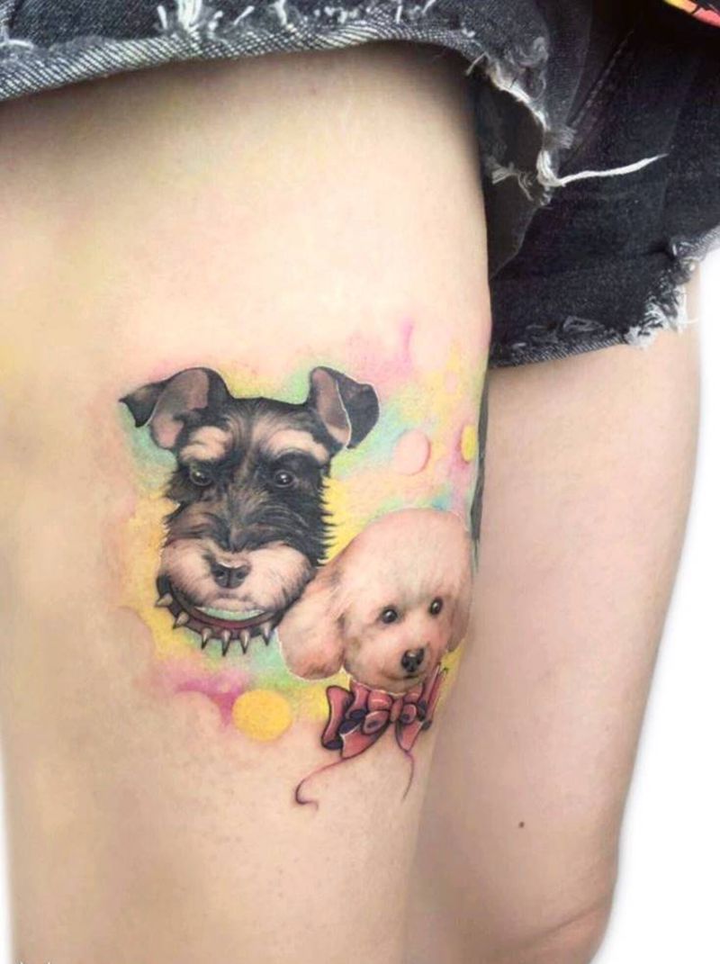 写实宠物纹身纹身图片_腿部欧美写实水彩狗水彩宠物纹身图案