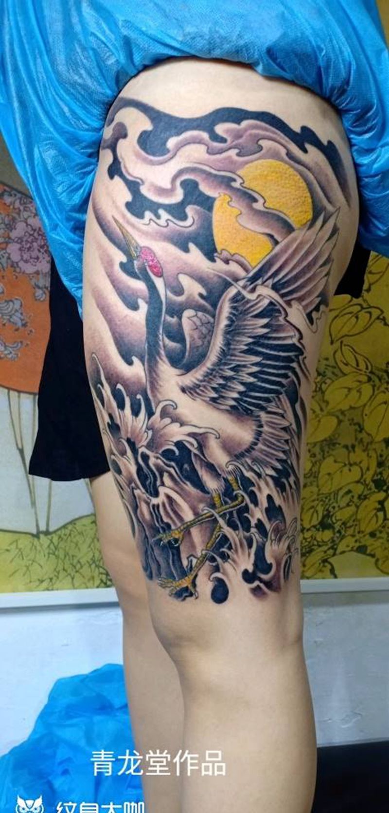 鹤纹身图片_腿部臀部新传统老传统纹身图案