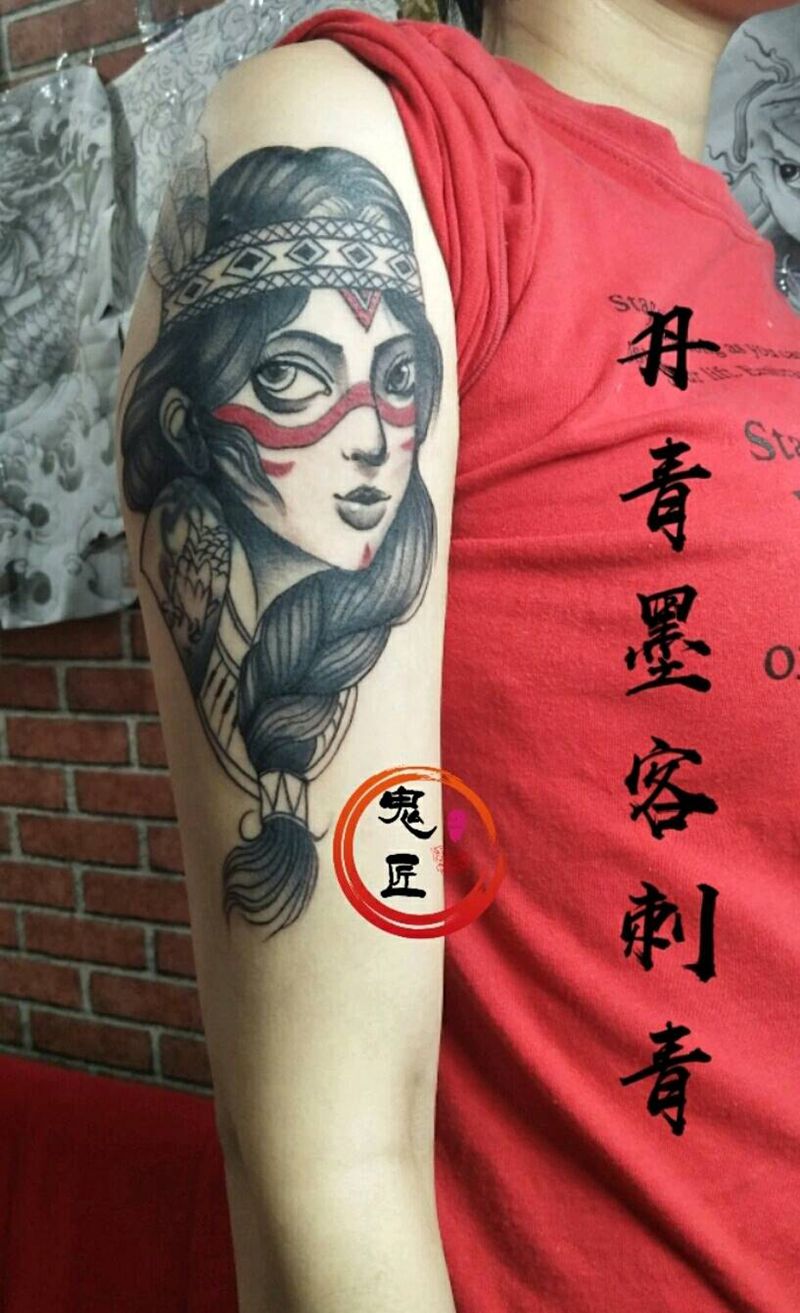 印第安少女纹身图片_手臂腿部New School欧美写实美女少女印第安纹身图案