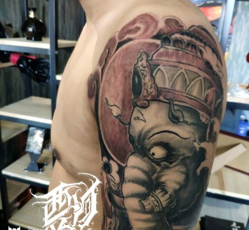 象神纹身图片_手臂新传统纹身图案