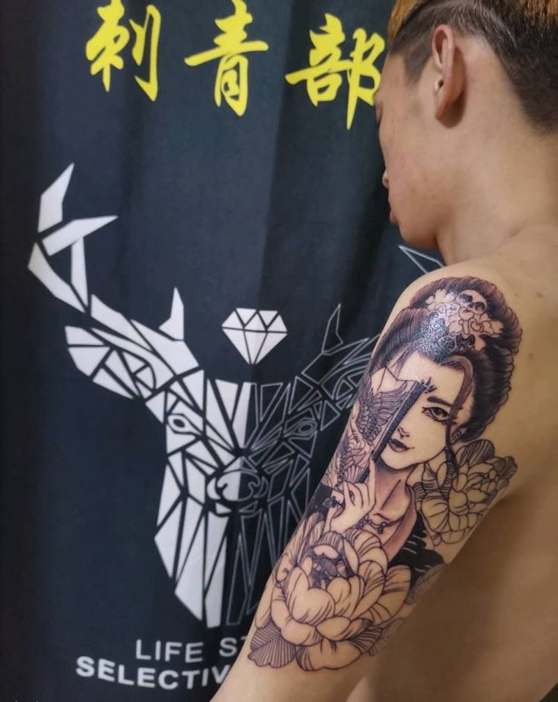 艺妓纹身图片_手臂新传统纹身图案