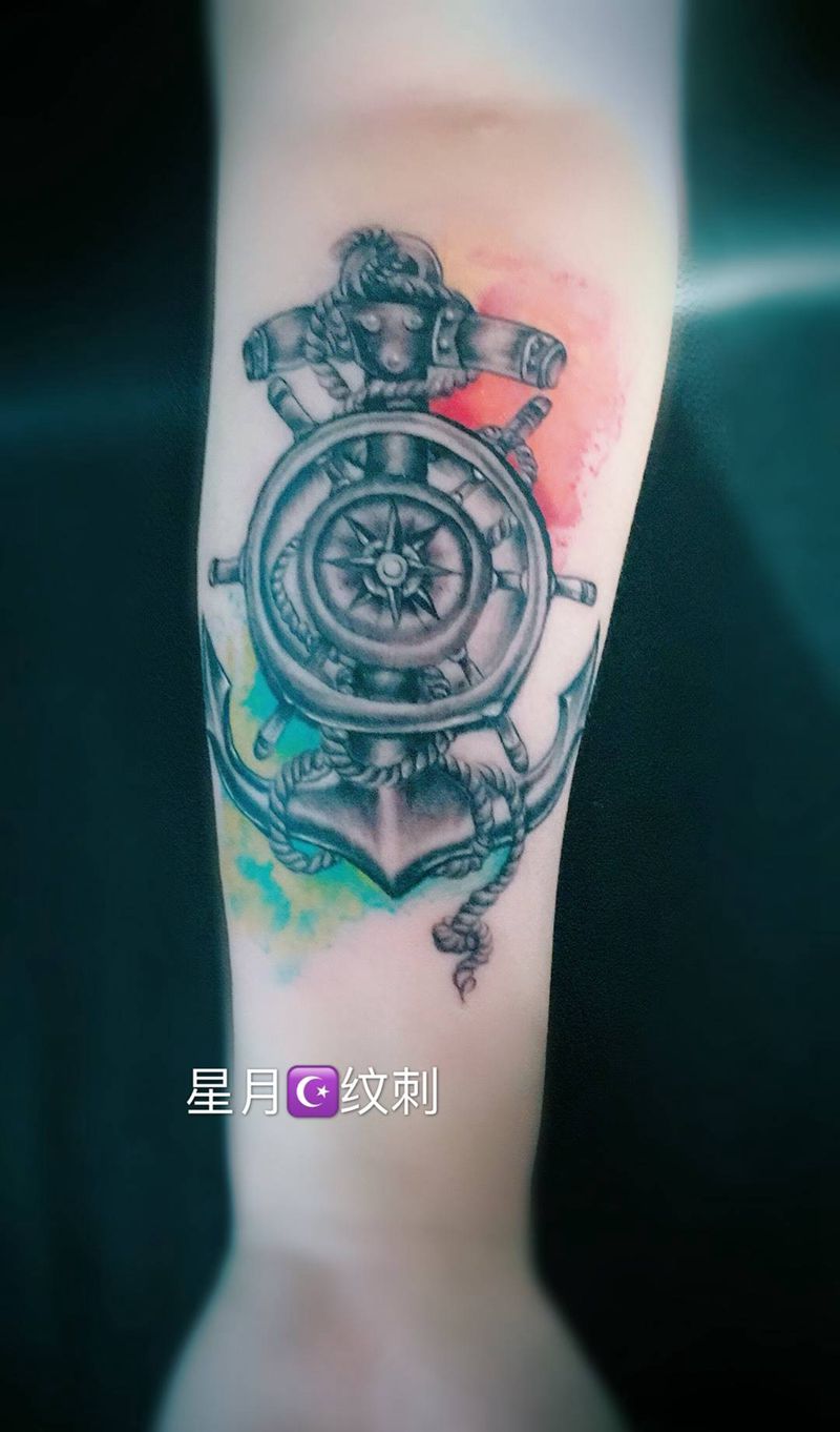 船锚，指南针纹身图片