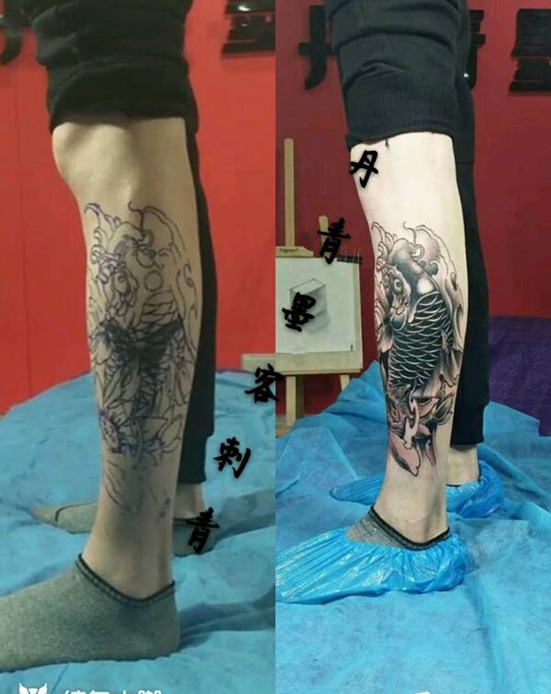 遮盖纹身图片_腿部新传统纹身图案