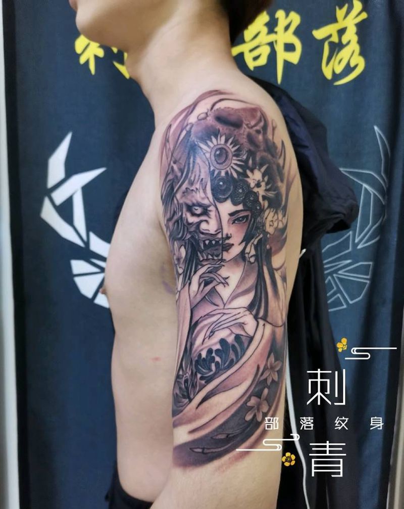花旦般若纹身图片_手臂新传统纹身图案