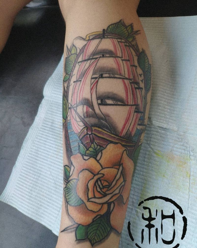 小腿school帆船纹身图片_腿部Old School纹身图案