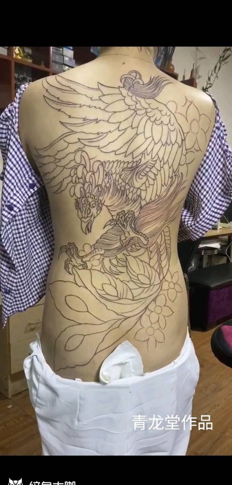 青鸾满背线条作品纹身图片_腰部背部新传统老传统纹身图案