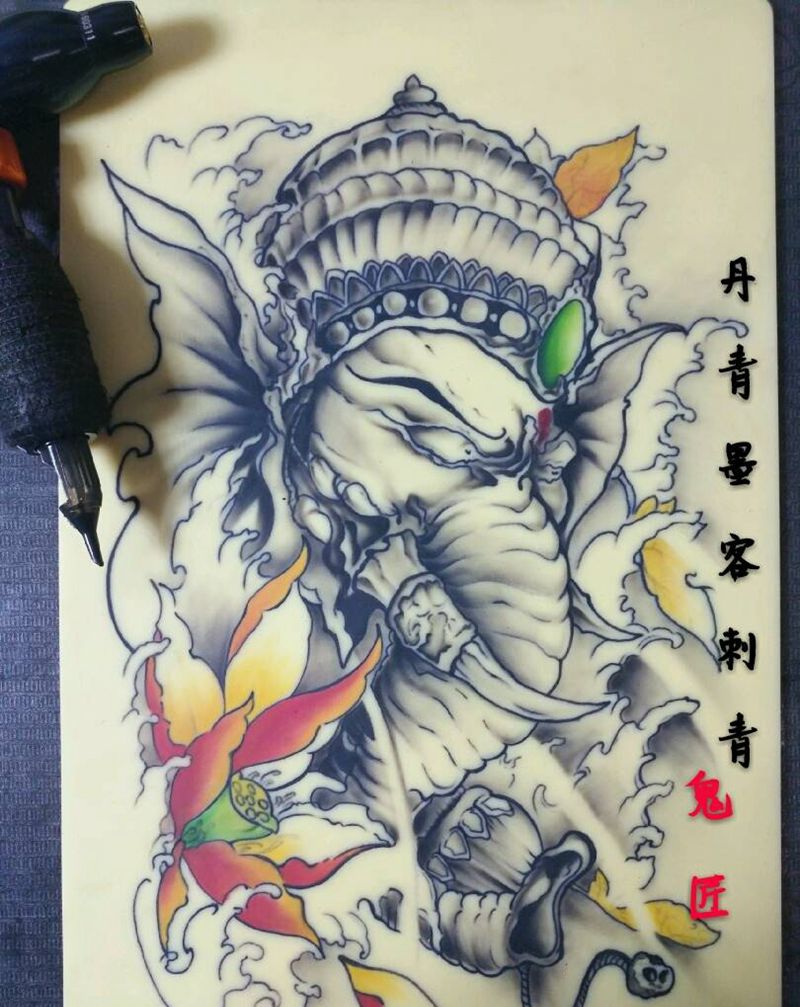 象神纹身图片_新传统纹身图案