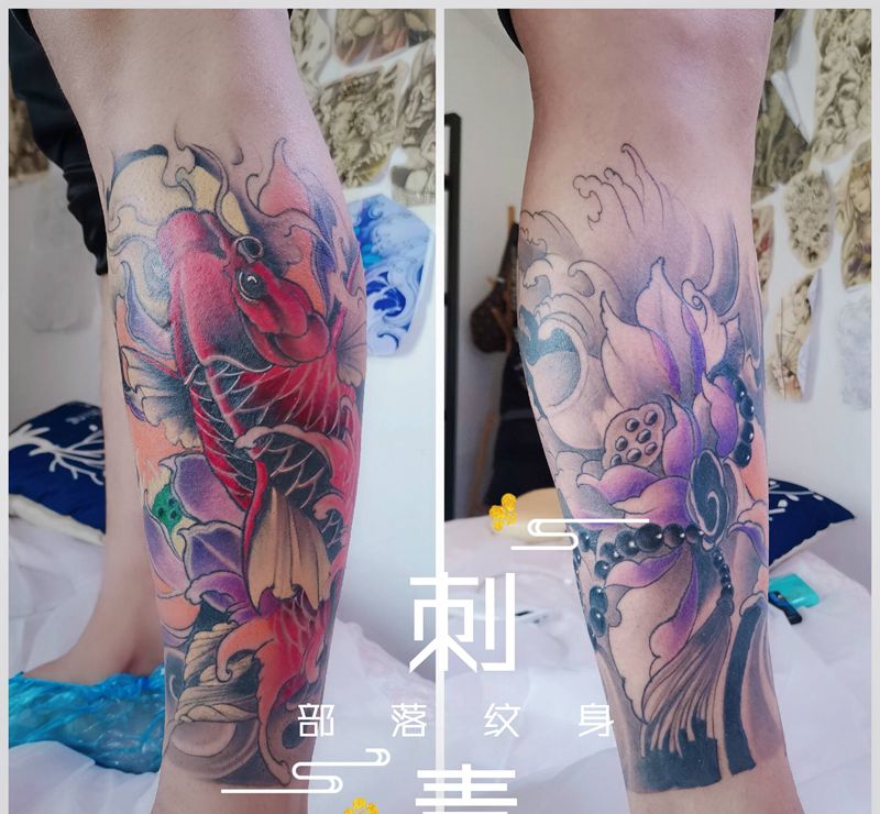 彩色全包鲤鱼纹身图片_腿部新传统鲤鱼，荷花纹身图案