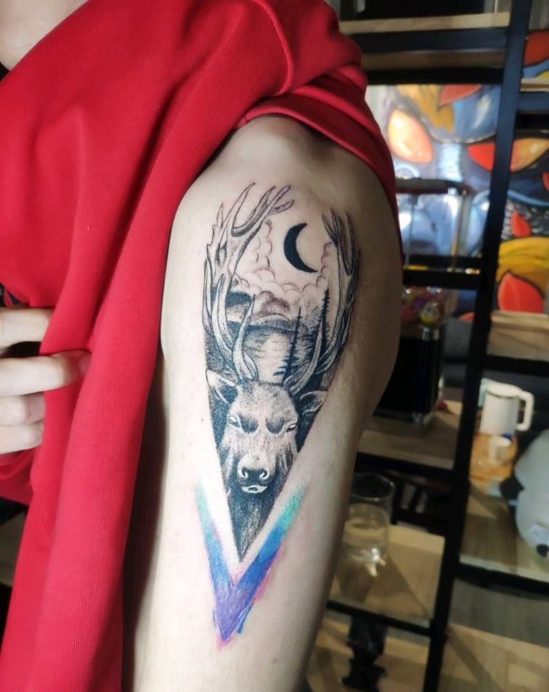 麋鹿纹身图片_手臂点刺几何纹身图案