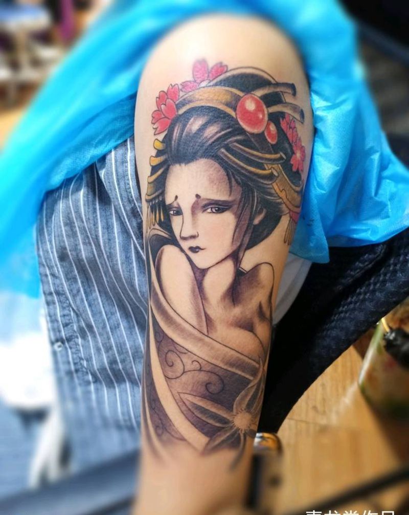 艺伎纹身图片_肩部手臂老传统新传统纹身图案