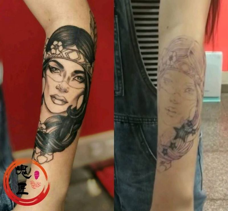 印第安美女纹身图片_手臂欧美写实New School美女黑灰纹身图案