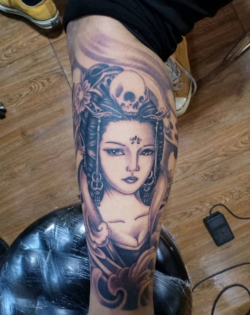 艺伎纹身图片_腿部老传统艺伎纹身图案