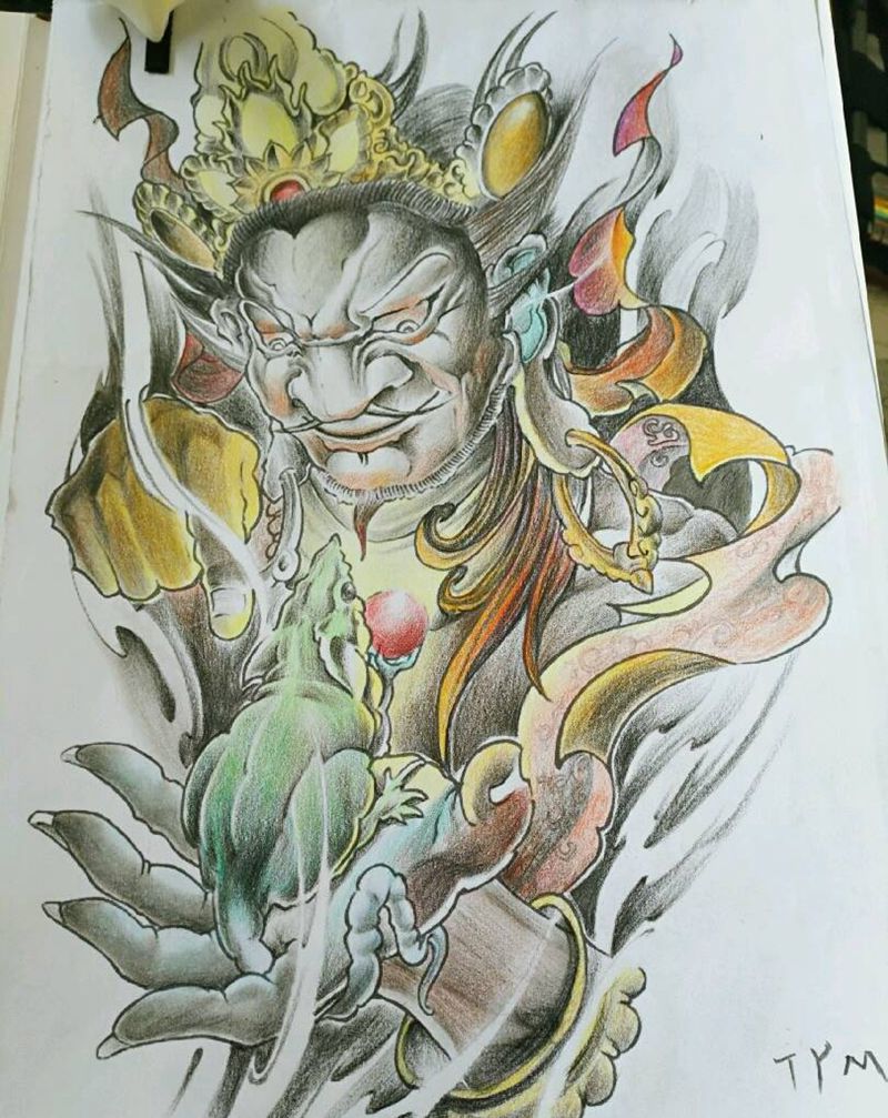 黄财神纹身图片_传统人物手稿纹身图案