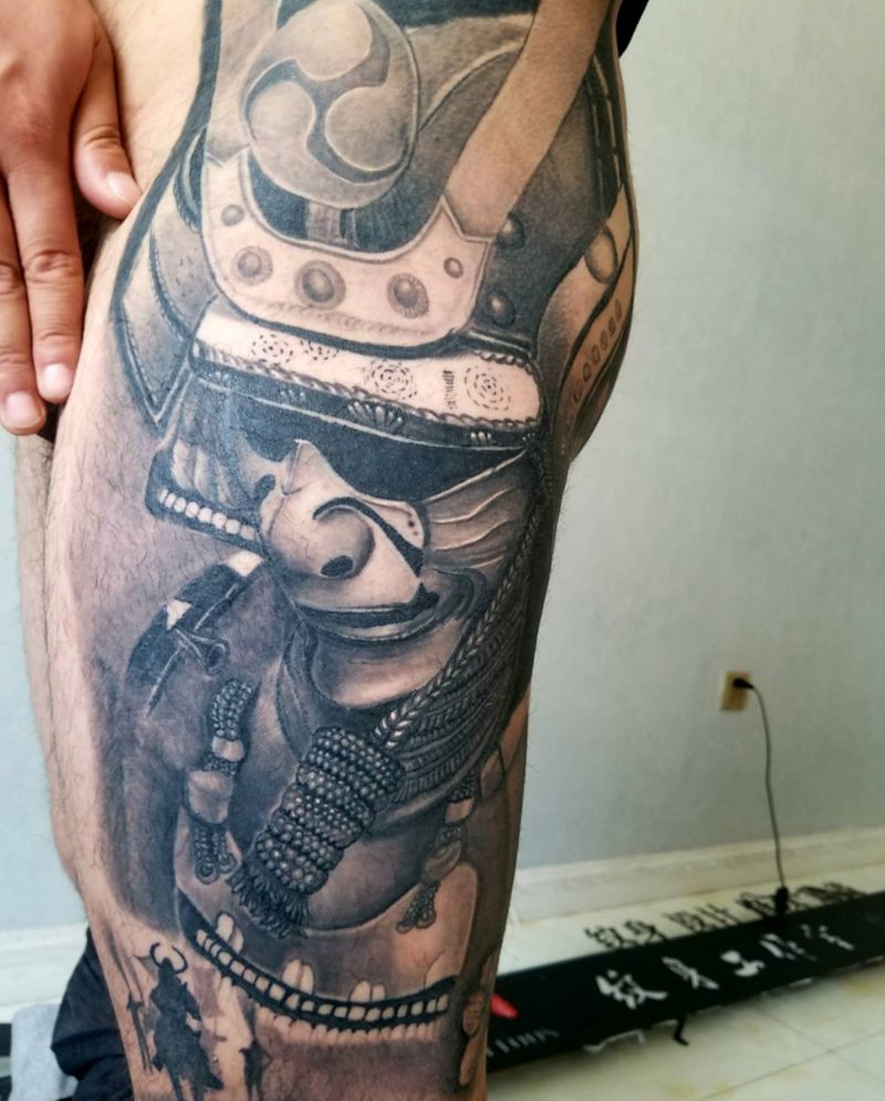 鬼武士纹身图片_腿部欧美写实鬼武士纹身图案