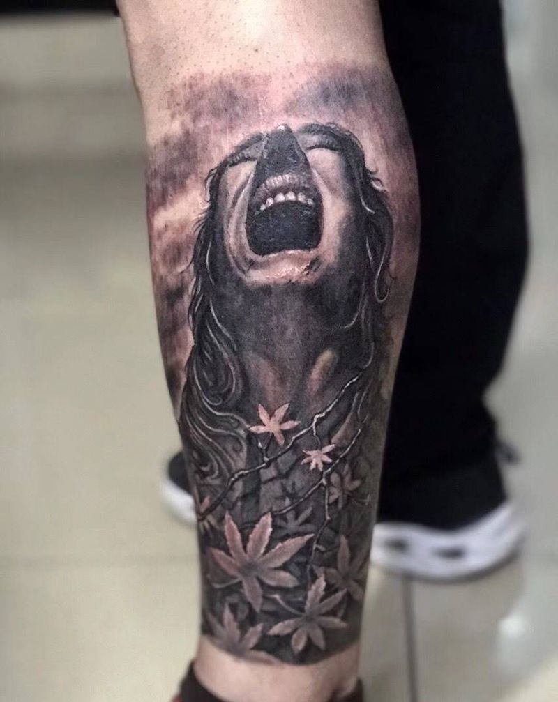 死亡废墟纹身图片_成品腿部欧美写实人物植物原创纹身图案