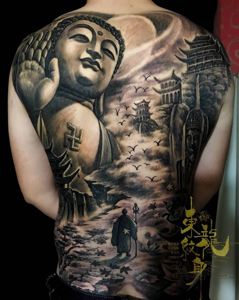 菩提东渡纹身图片_背部新传统纹身图案