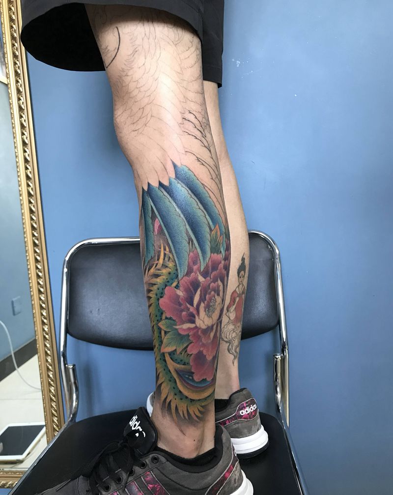 凤凰30%纹身图片_腿部新传统纹身图案