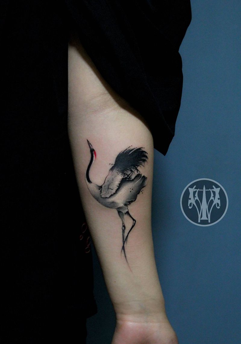 仙鹤纹身图片_手臂水墨纹身图案