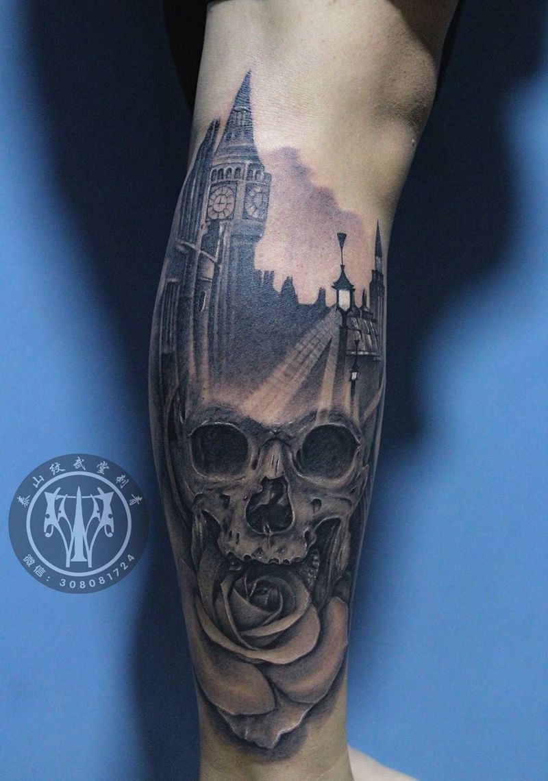 骷髅 玫瑰 街景纹身图片
