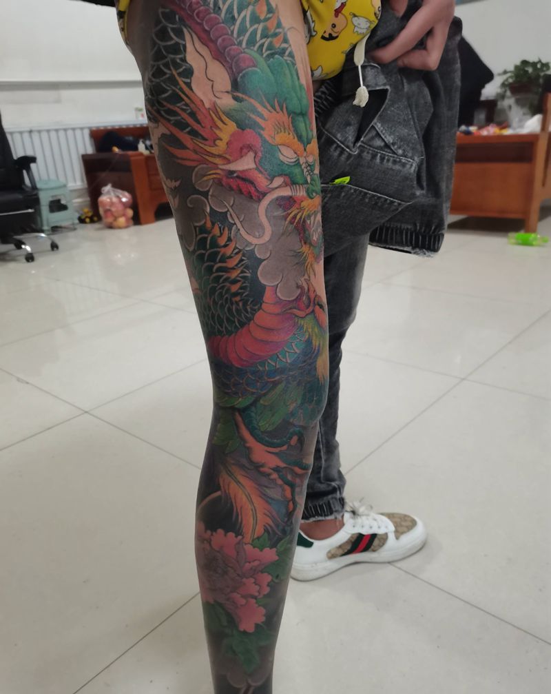龙凤呈祥未完成纹身图片_腿部老传统纹身图案