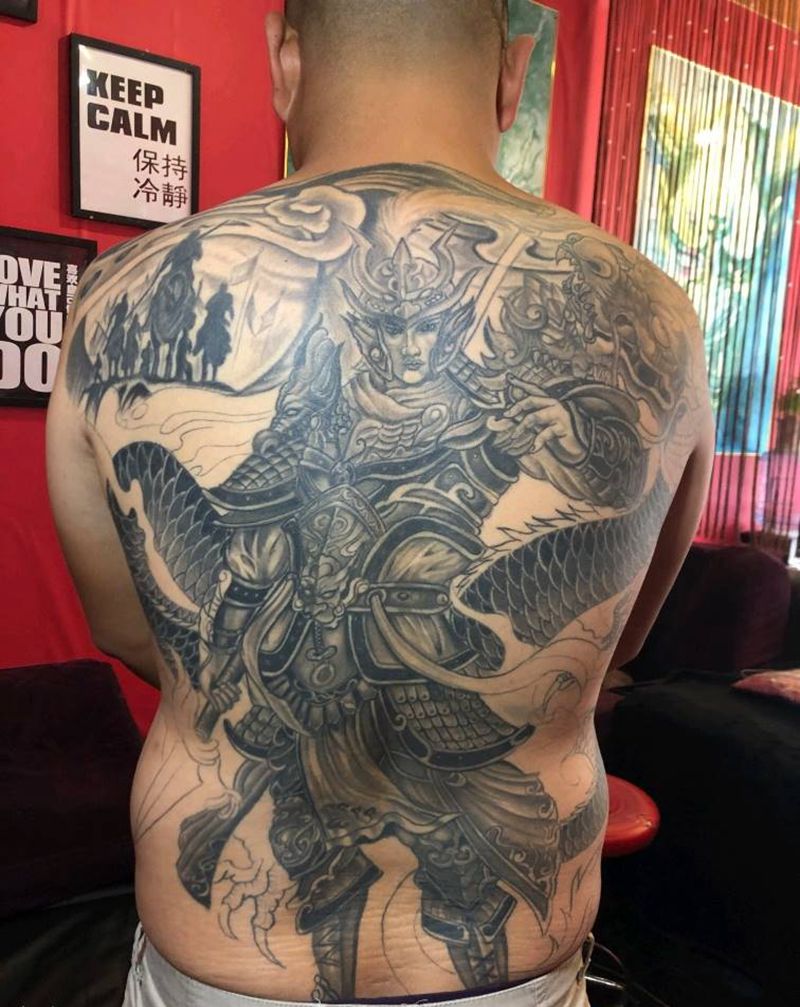 赵子龙线条修改上色《旺师傅作》纹身图片_背部老传统赵子龙赵云满背纹身图案