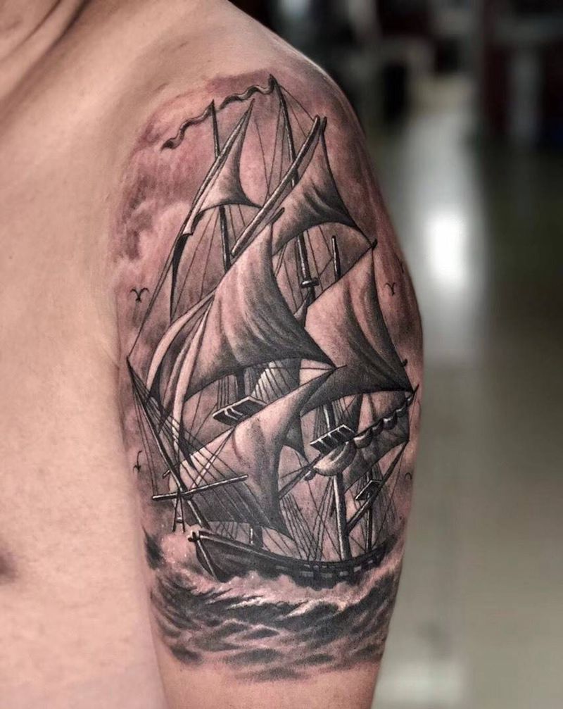 一帆风顺纹身图片_成品肩部欧美宗教原创图腾纹身图案