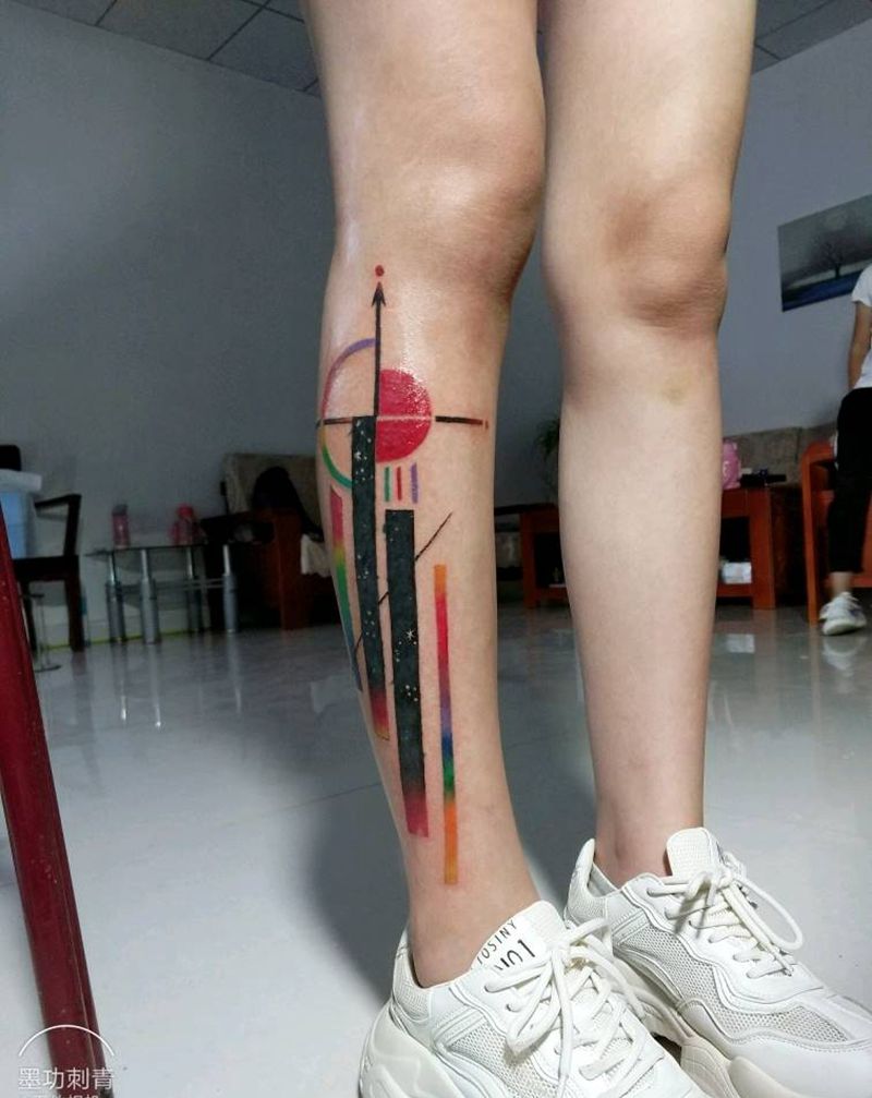 遮盖纹身图片_腿部几何纹身图案