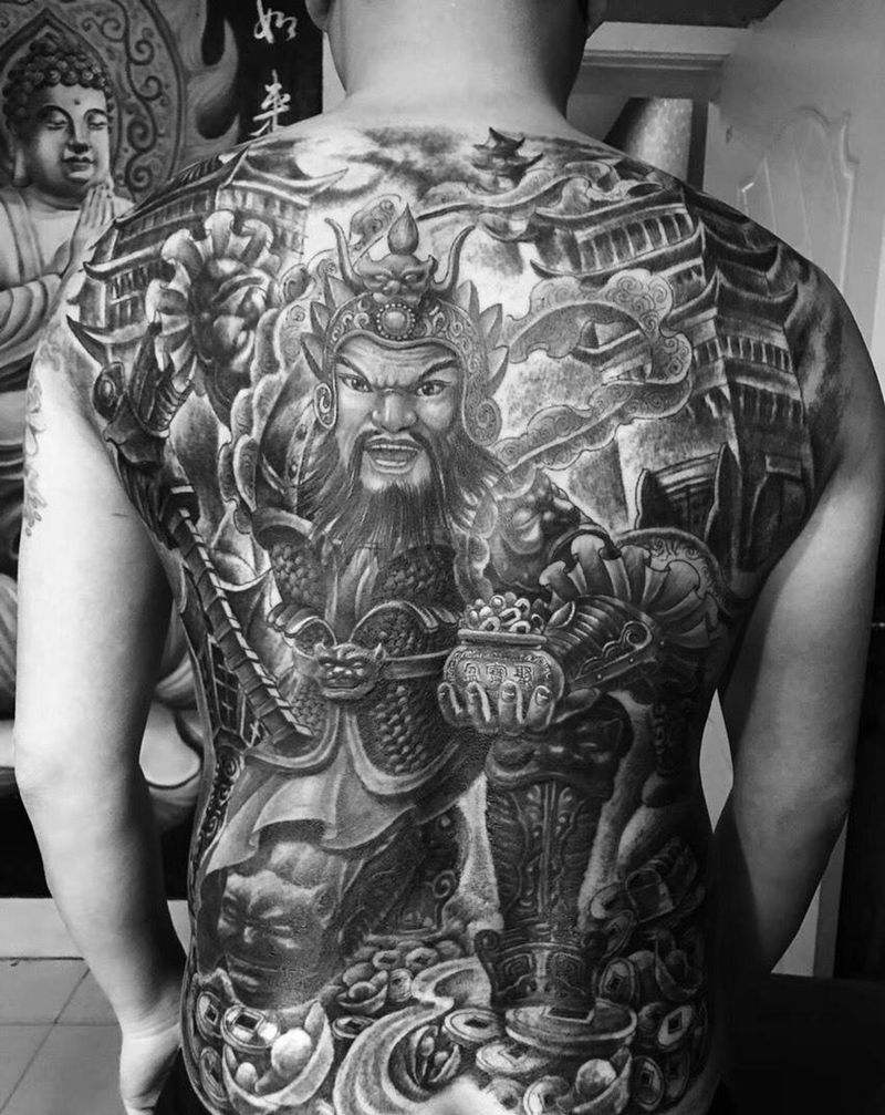 武财神赵公明纹身图片_成品背部传统人物宗教肖像纹身图案