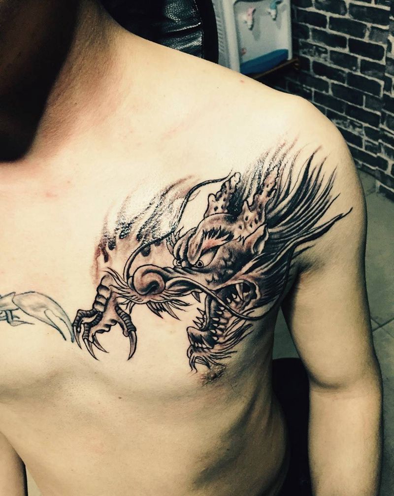 盘身龙龙头完成、纹身图片