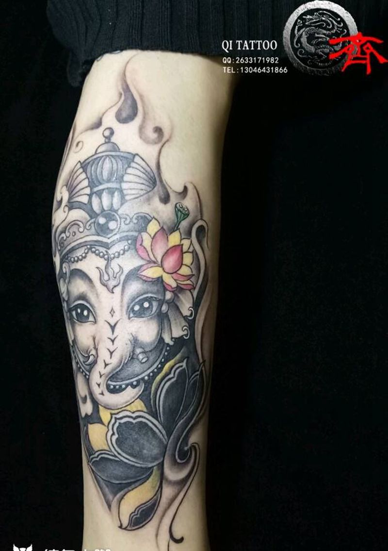 小腿象神纹身图片_腿部新传统象神纹身图案