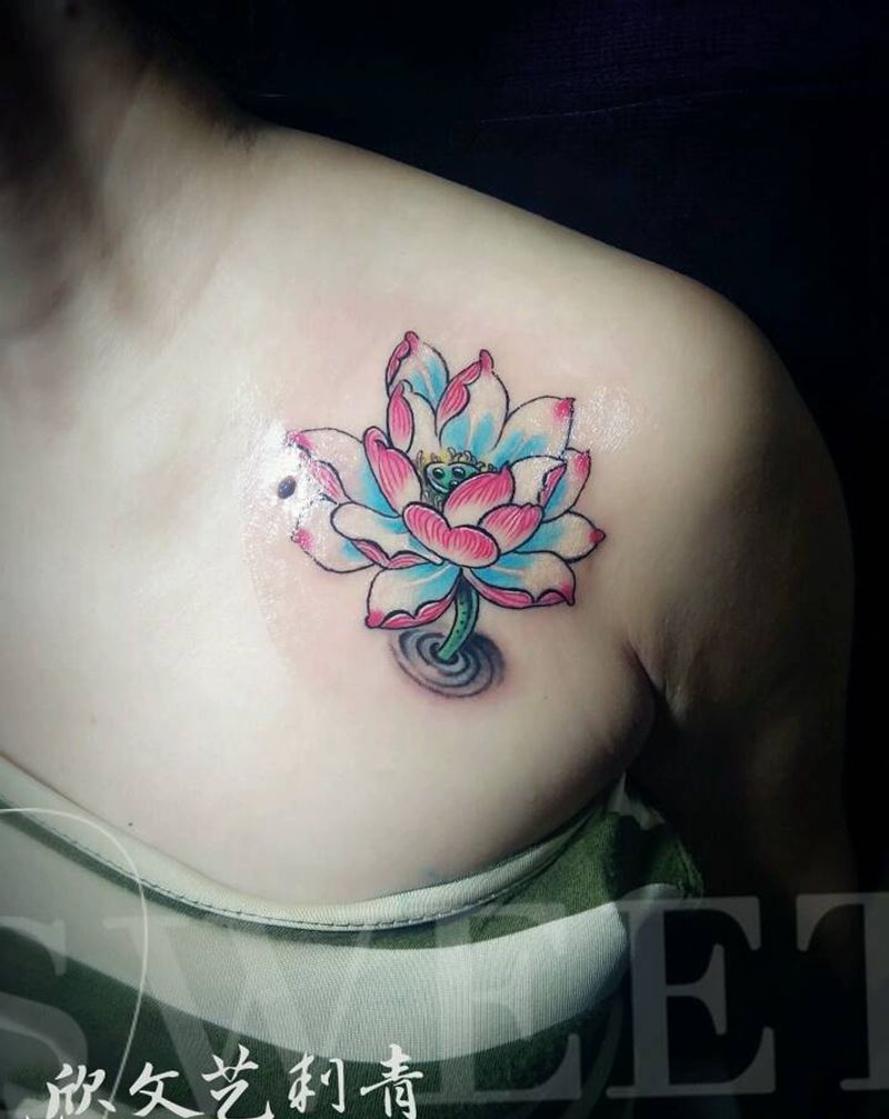 清荷《旺哥作品》纹身图片_肩部胸部传统清新植物成品纹身图案