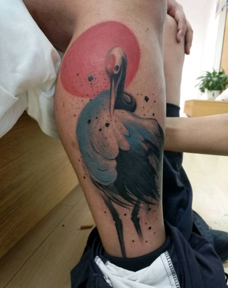 仙鹤(祥和)纹身图片_腿部水彩纹身图案