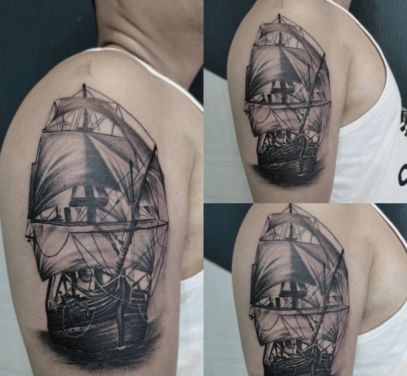 一帆风顺纹身图片_肩部欧美写实纹身图案