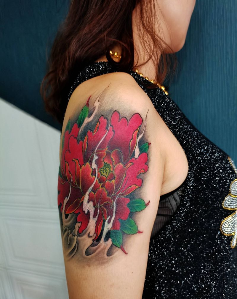 国花牡丹遮盖作品纹身图片_肩部新传统纹身图案