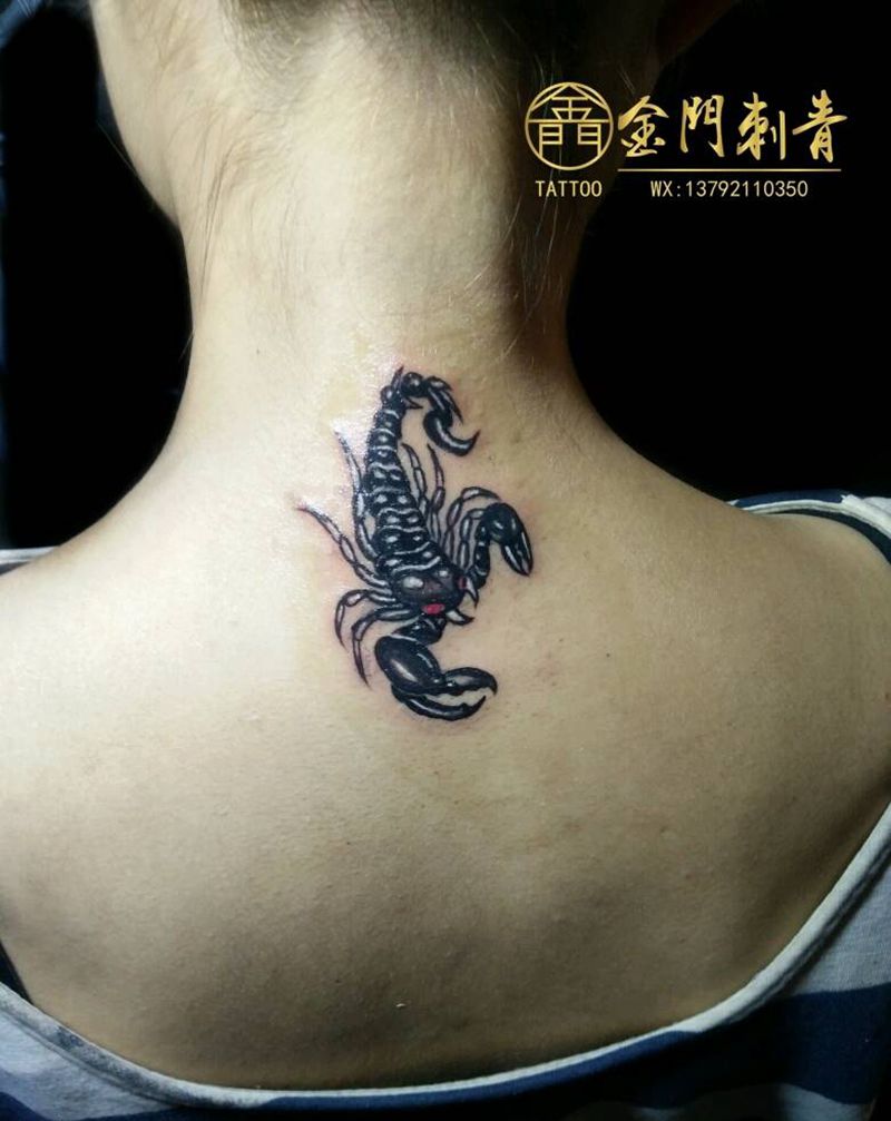 蝎子小作《旺师傅作品》纹身图片_颈部背部欧美写实图腾蝎子女纹身图案