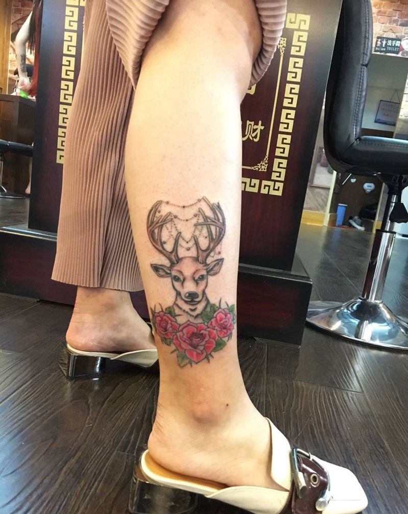 鹿，玫瑰纹身图片