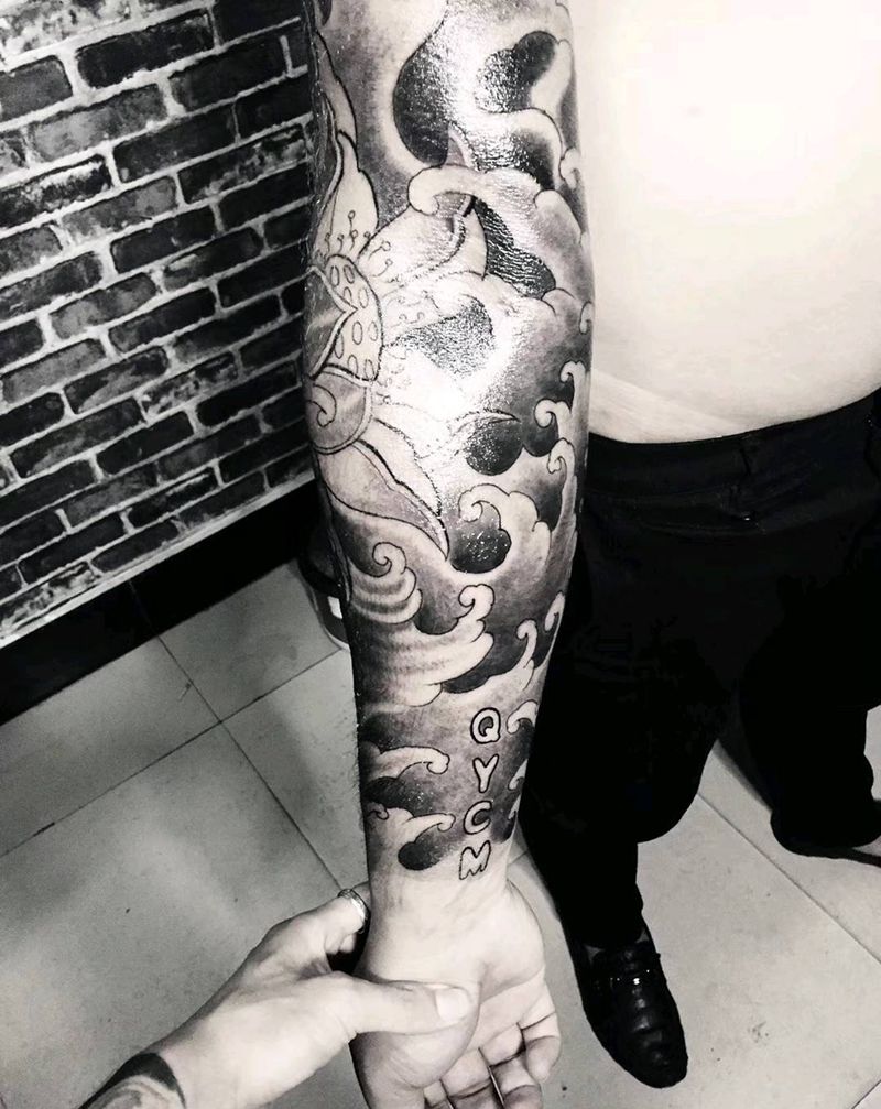 原创浪花与莲纹身图片