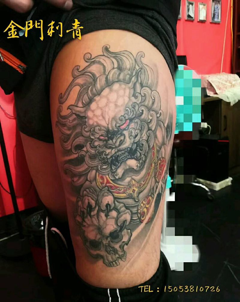 唐狮恢复两年后纹身图片_腿部新传统唐狮福狮纹身图案