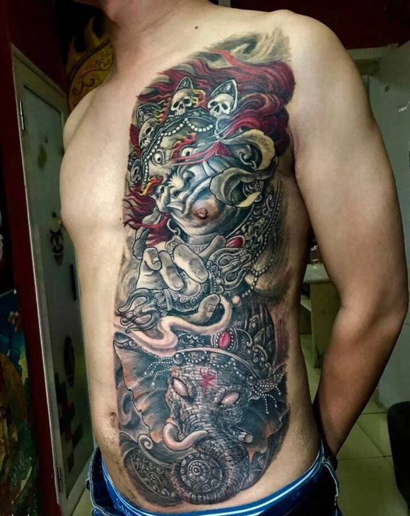 大黑天象神开衫纹身图片_成品腹部传统鬼神人物原创纹身图案