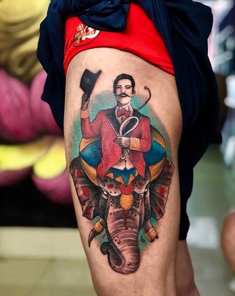 欧美象头绅士纹身图片_成品腿部欧美肖像人物动物纹身图案