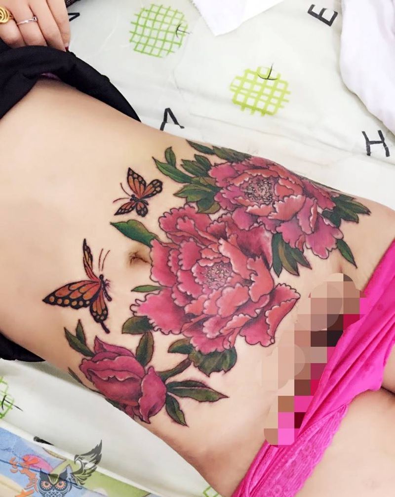 遮盖剖腹产妊娠纹纹身图片_腹部传统植物纹身图案