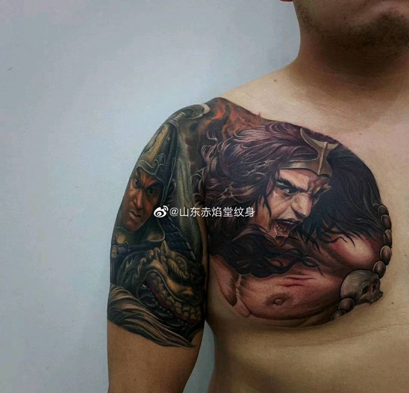 彩色武将半甲纹身图片_手臂胸部纹身图案