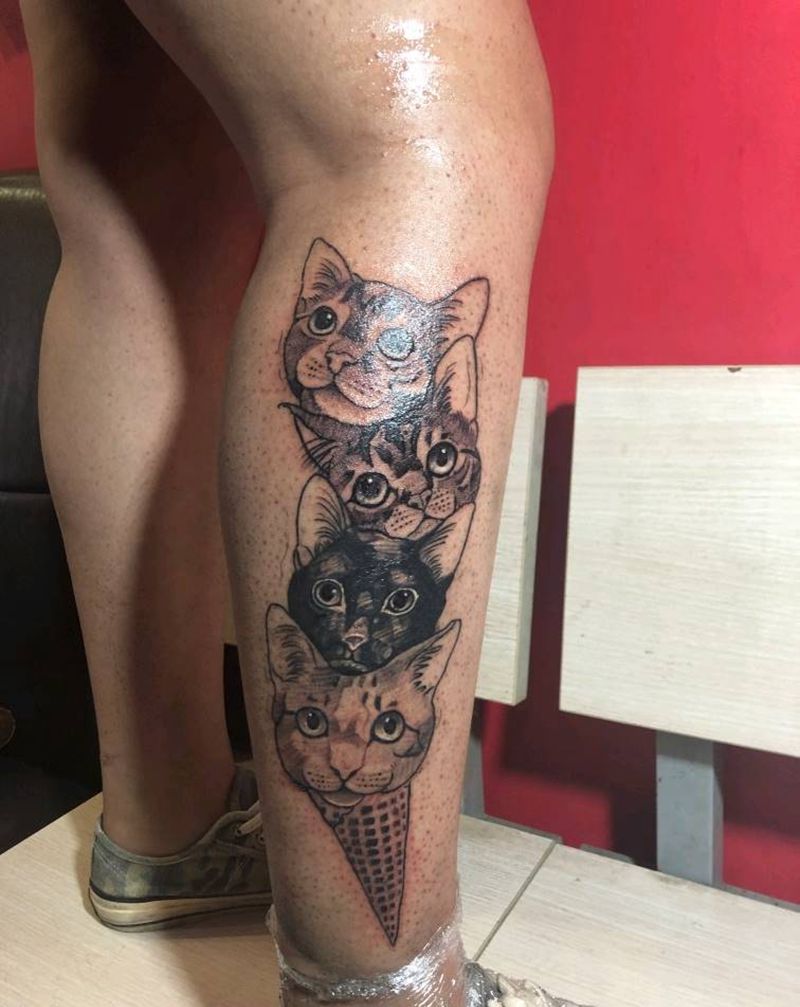 冰淇淋猫咪（旺师傅作品）纹身图片_腿部脚部欧美写实猫可爱纹身图案