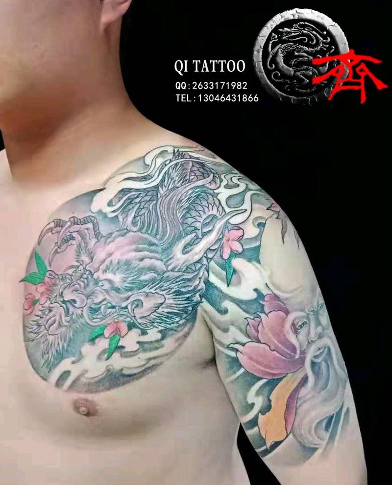 半甲纹身图片_手臂胸部新传统老传统纹身图案