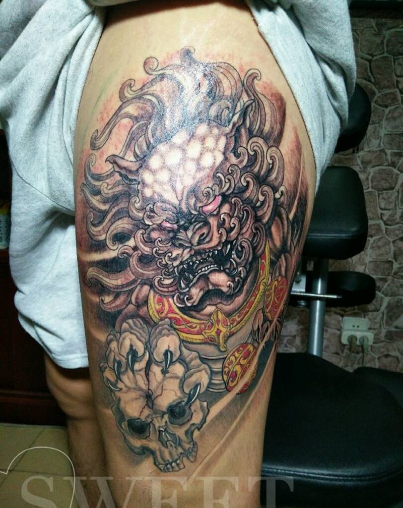 唐狮（大腿外侧）《旺哥作品》纹身图片_腿部欧美传统习俗动物鬼神宗教原创成品手稿纹身图案