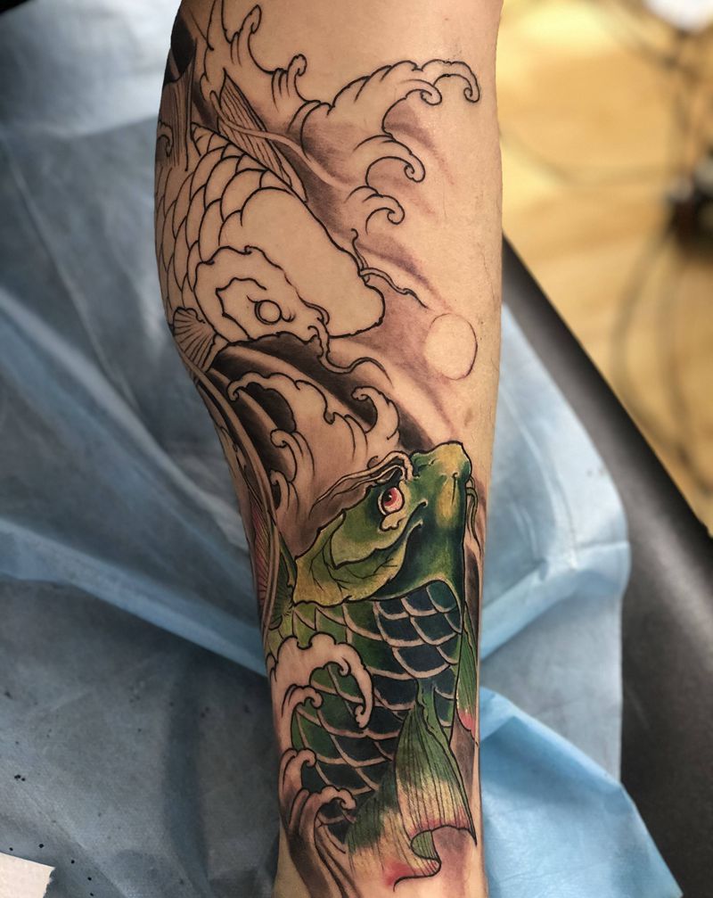 鱼纹身图片_腿部新传统纹身图案