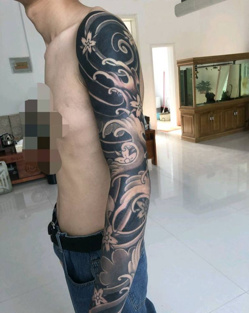 浪花臂纹身图片_手臂老传统纹身图案