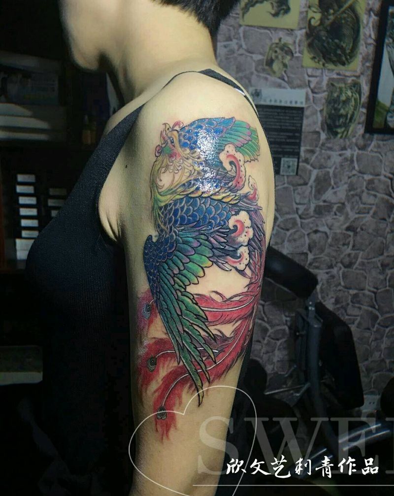 凤凰于飞（图腾遮盖）《旺哥作》纹身图片_手臂传统习俗动物宗教成品手稿纹身图案
